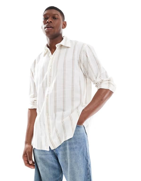 ジャック アンド ジョーンズ メンズ トップス シャツ Jack Jones premium long sleeve shirt stripes Greige ホワイト