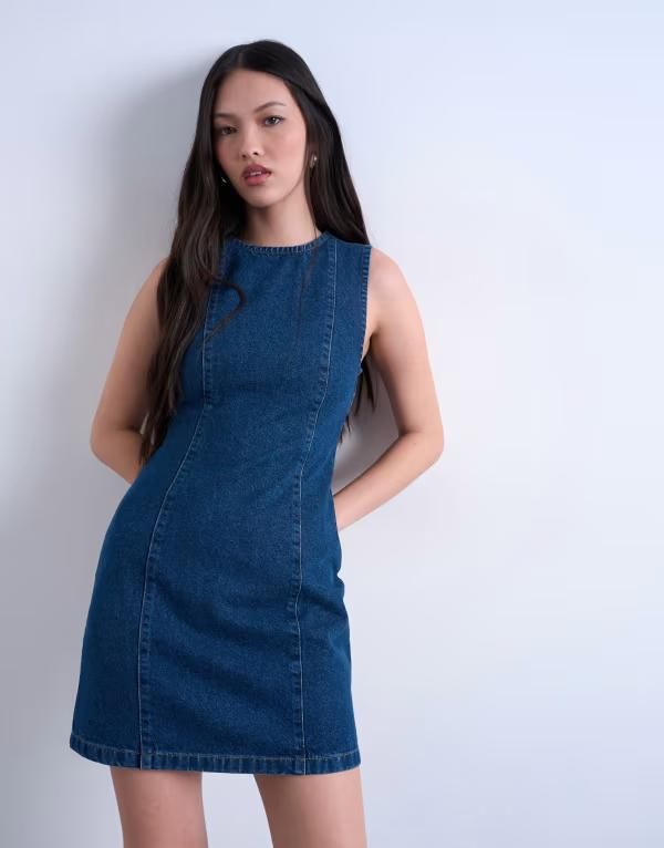 トップショップ レディース トップス ワンピース ミニ デニム Topshop denimini shift dress in mid BLUE ブルー