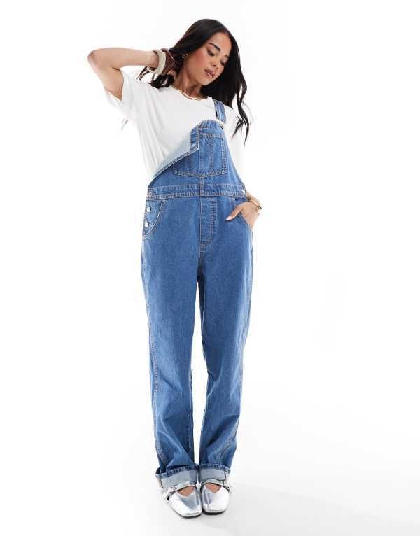 エイソス レディース ボトムス カジュアルパンツ オーバーオール デニム ASOS DESIGN denim overalls in mid MID BLUE ブルー