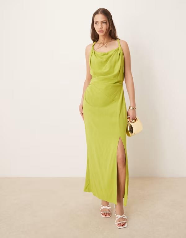 エイソス レディース トップス ワンピース ミディワンピース ミディ リネン ASOS DESIGN linen twist shoulder detail midi dress with ruching in pale PALE GREEN グリーン