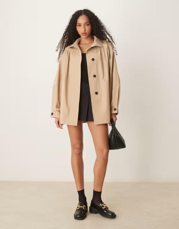 エイソス レディース アウター コート ASOS DESIGN gathered shoulder short trench coat in stone Stone ストーン