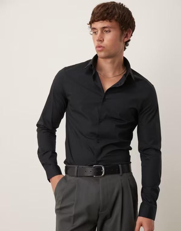エイソス メンズ トップス シャツ ASOS DESIGN formal easy iron skinny poplin regular shirt Black ブラック