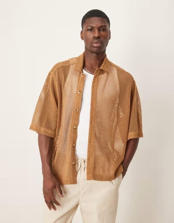 エイソス メンズ トップス シャツ メッシュ ASOS DESIGN boxy oversized mesh shirt BEIGE ベージュ
