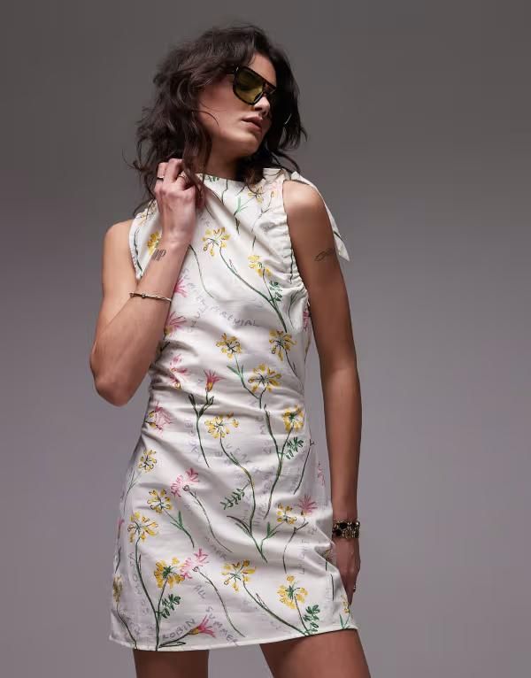 トップショップ レディース トップス ワンピース ミニワンピース プリント ミニ リネン Topshop tie shoulder linen mini dress in flower head print Multi マルチカラー 14,425円