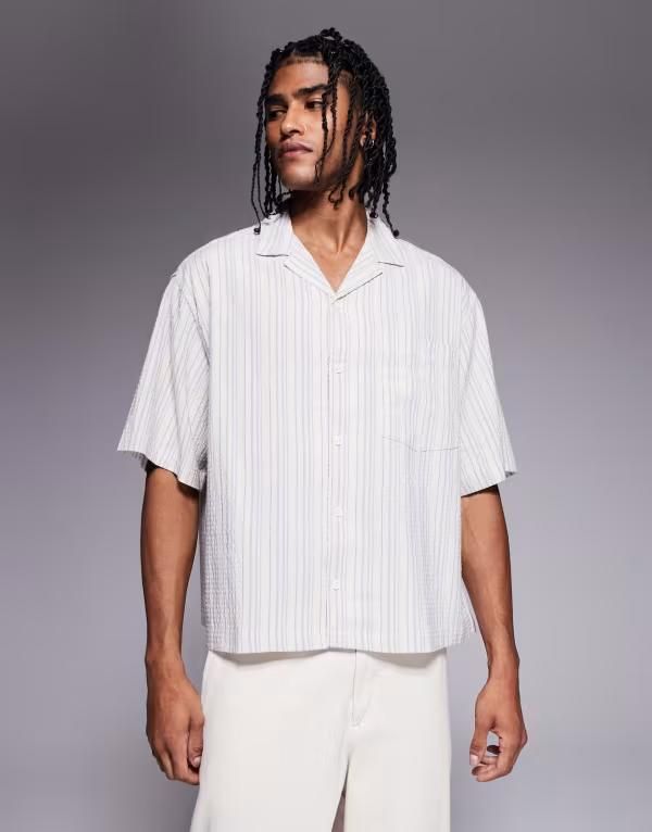 エイソス メンズ トップス シャツ ASOS DESIGN boxy volume oversized seersucker shirt stripe BLUE ブルー