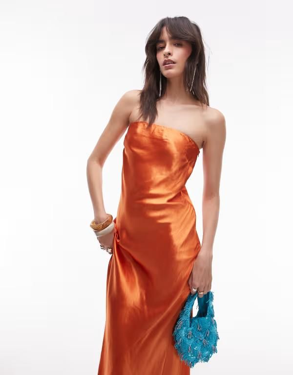 トップショップ レディース トップス ワンピース サテン マキシ Topshop satin bandeau maxi slip dress in rustラスト