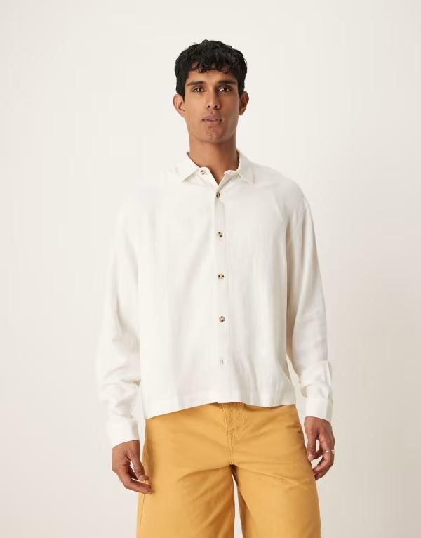エイソス メンズ トップス シャツ リネン ASOS DESIGN boxy oversized linen blend shirt WHITE ホワイト