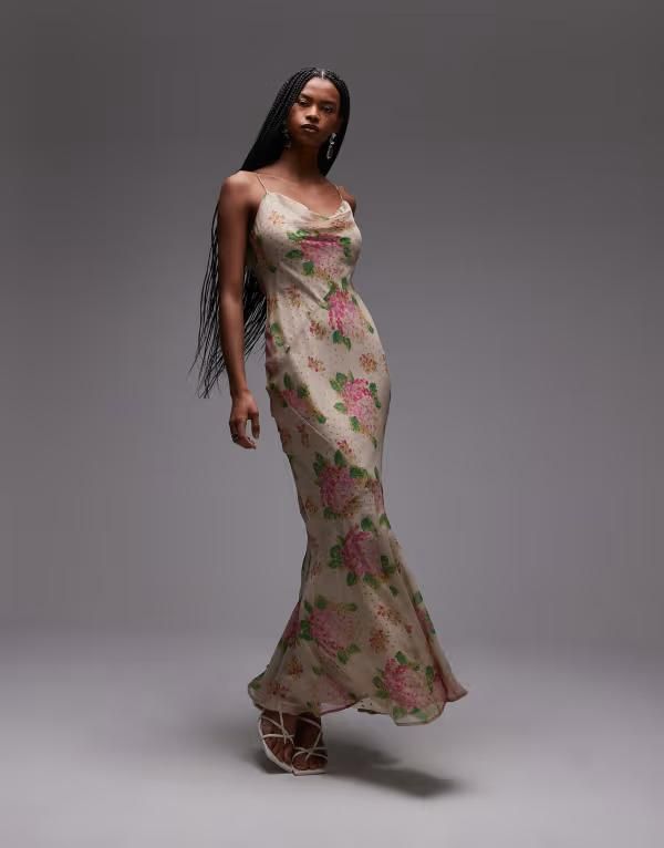 トップショップ レディース トップス ワンピース シフォン プリント サテン マキシ Topshop double layered satin and chiffon maxi slip dress in print ivory and pink rose M 11,385円