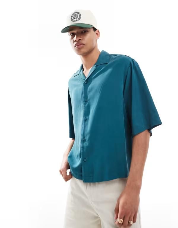エイソス メンズ トップス シャツ ASOS DESIGN oversized camp collar boxy shirt in teal Deep teal ティール