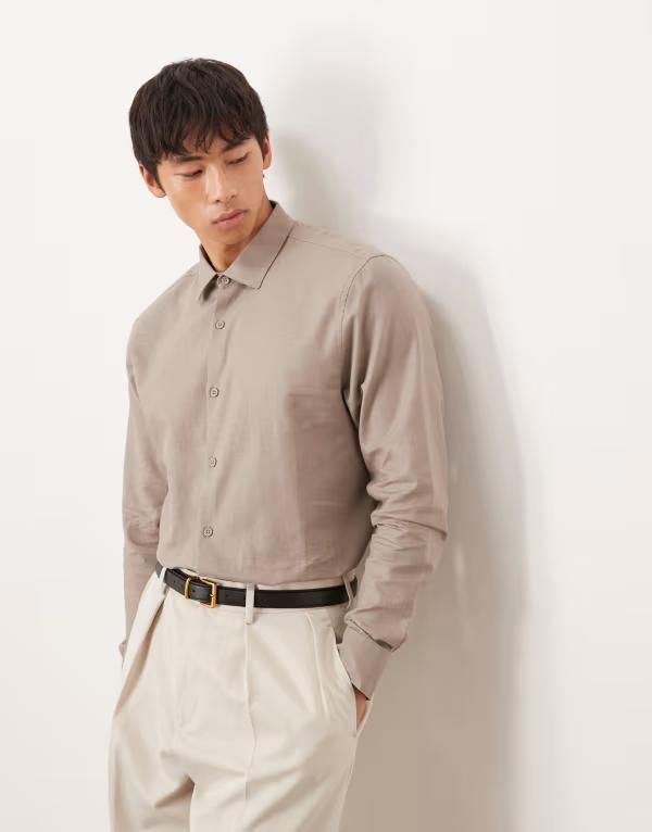 エイソス メンズ トップス シャツ リネン ASOS DESIGN formal linen blend regular shirt Mid Brown ブラウン