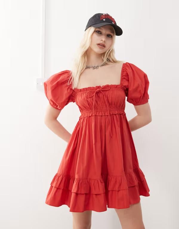 コルージョン レディース トップス ワンピース ミニワンピース ミニ COLLUSION puff sleeve milkmaid mini dress Red レッド