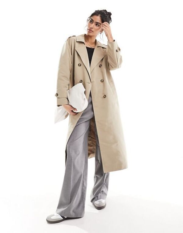 ヴェロモーダ レディース アウター コート Vero Moda longline belted trench coat in stone Silver Mink ミンク