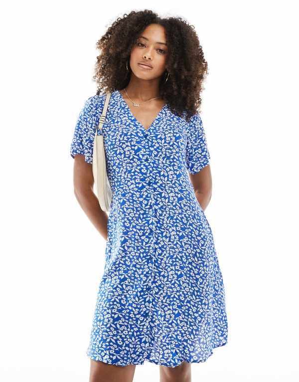 オンリー レディース トップス ワンピース Vネック ミニワンピース フラワー柄 ミニ フラワー ONLY Vneck tie waist mini dress in dark blue floral Nebulas blue ブルー
