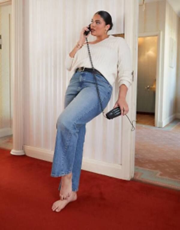 エイソス レディース ボトムス デニムパンツ ストレート ジーンズ ASOS Curve ASOS DESIGN Curve comfort stretch straight leg jeans in mid MID BLUE ブルー