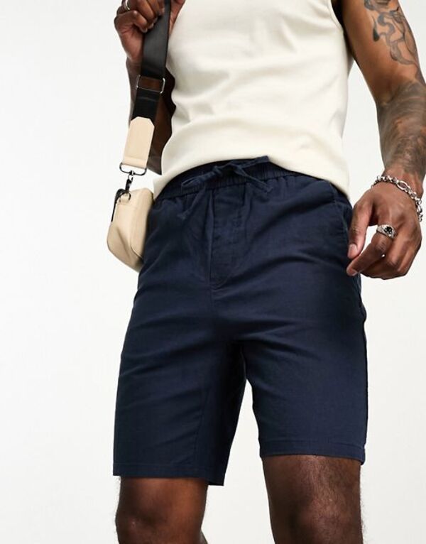 オンリーアンドサンズ メンズ ボトムス ハーフパンツ・ショーツ ショートパンツ リネン Only Sons linen mix elasticated waist shorts Dark Navy ネイビー