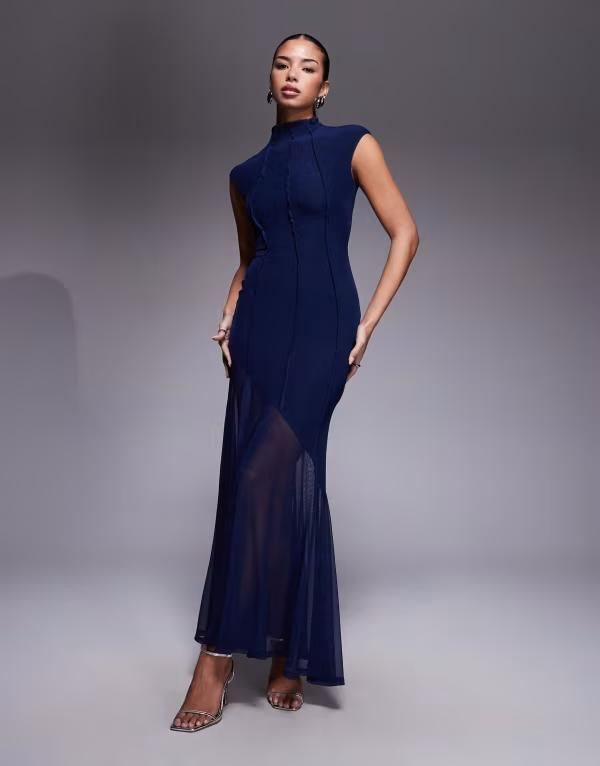 エイソス レディース トップス ワンピース ハイネック メッシュ マキシ ASOS DESIGN meshigh neck maxi dress with exposed contoured seam detailing navy ネイビー