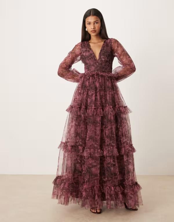 レース アンド ビーズ レディース トップス ワンピース フラワー柄 フリル マキシ フラワー Lace Beads long sleeve ruffle maxi dress in raspberry floral RASPBERRY FLORAL 40,170円