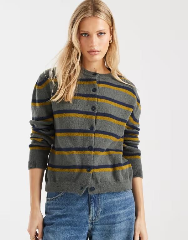 エイソス レディース アウター カーディガン ニット ASOS DESIGN knit boxy fit cardigand olive stripes Multi マルチカラー