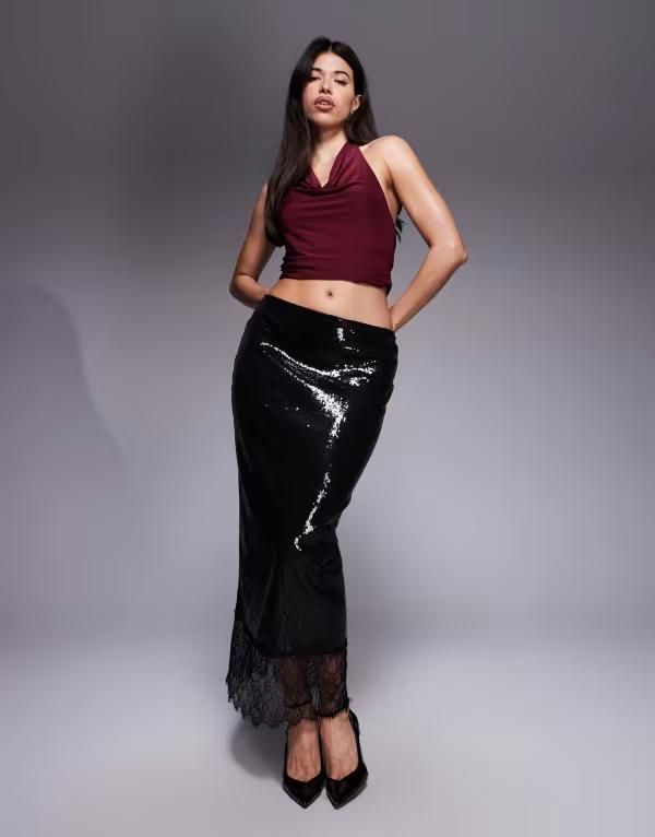 エイソス レディース ボトムスカート レーストリム スパンコール レース ASOS DESIGN sequin midrise column skirt with lace trim Black ブラック