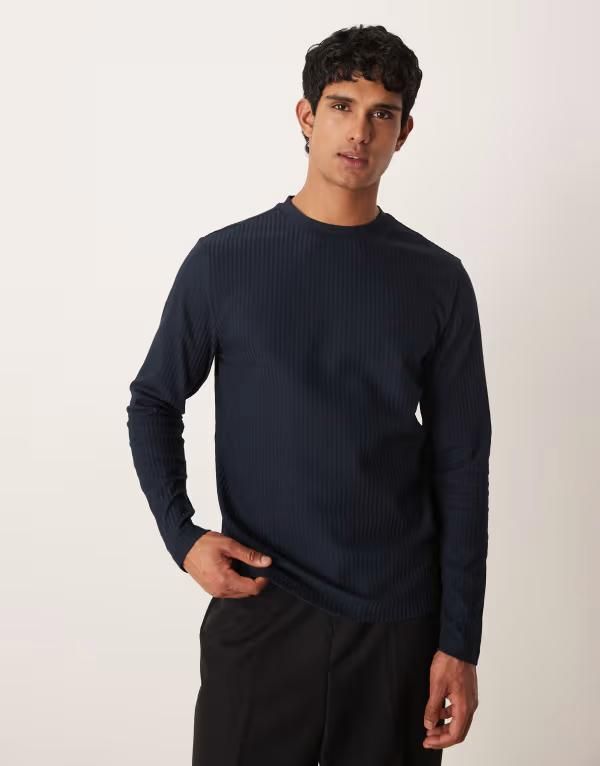 エイソス メンズ トップス Tシャツ クルーネック ASOS DESIGN crew neck long sleeve tshirt in textured Sky captain ネイビー 7,394円