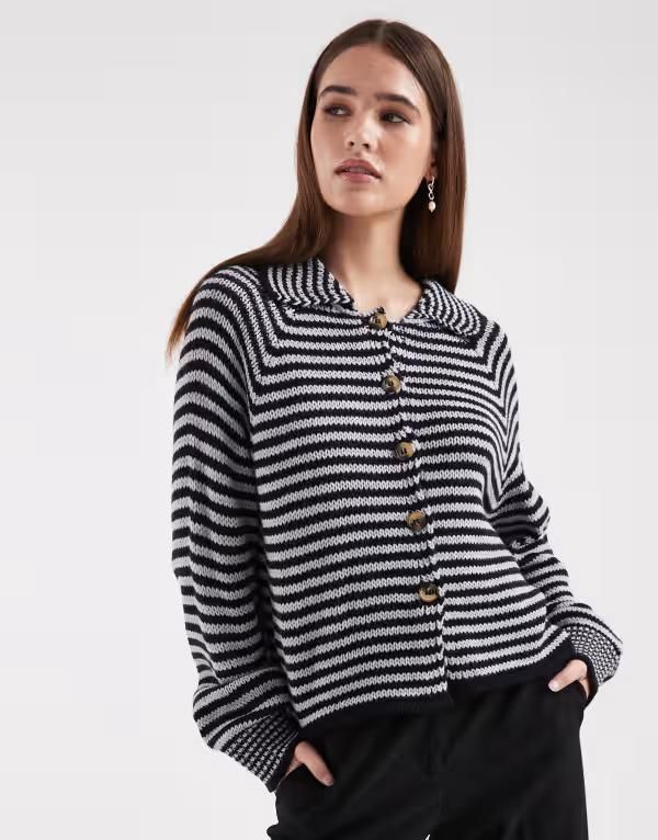 コルージョン レディース アウター カーディガン ニット COLLUSION knit stripe raglan cardigan BLUE ブルー