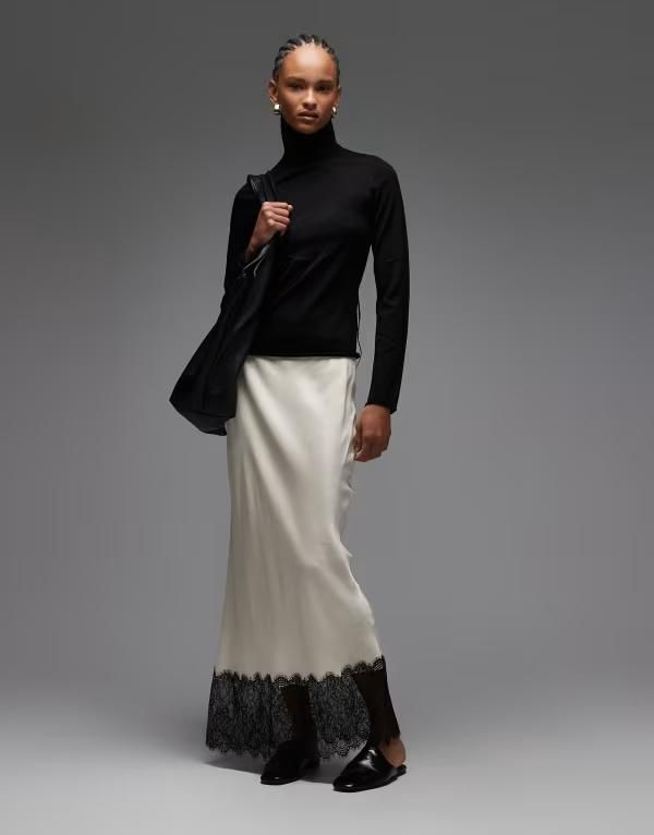 エイソス レディース ボトムスカート レーストリム ミディ サテン レース ASOS DESIGN satin lace trim bias cut midi skirt in ecru エクリュ