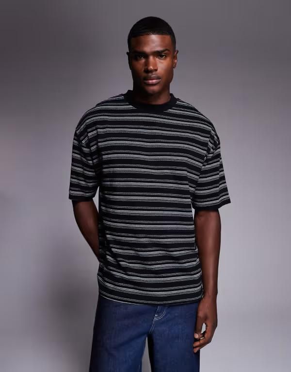 エイソス メンズ トップス Tシャツ ASOS DESIGN heavyweight oversized Tshirt in textured black stripe Multi マルチカラー