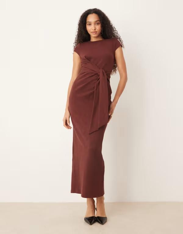 エイソス レディース トップス ワンピース ミディ キャップ ASOS DESIGN cap sleeve tie side midi dress Brown ブラウン