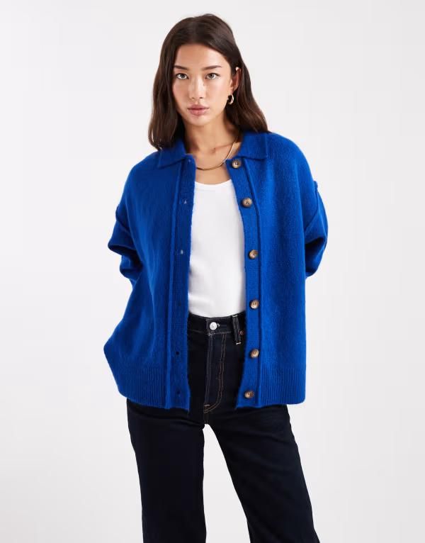 エイソス レディース アウター カーディガン シャツ ニット ASOS DESIGN knit collar shirt cardigan with seam detail in cobalt Blue ブルー
