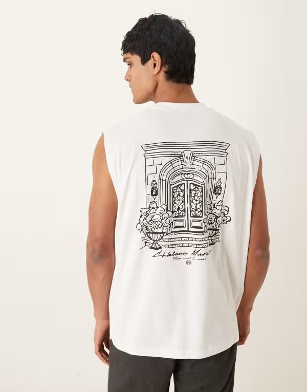 エイソス メンズ トップス ベスト グラフィック ASOS DESIGN oversized tank with scenic graphic WHITE ホワイト