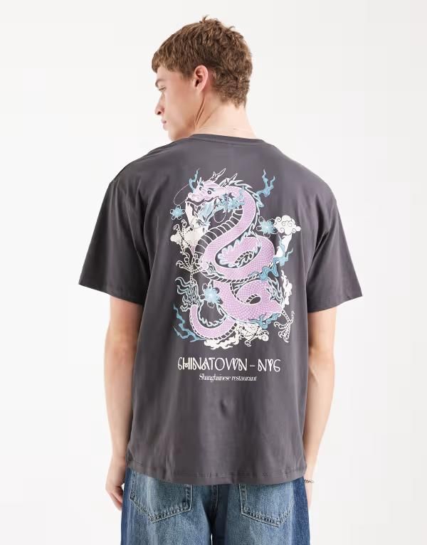 ジャック アンド ジョーンズ メンズ トップス Tシャツ プリント Jack Jones dragon back printshirt in charcoal Asphalt チャコール
