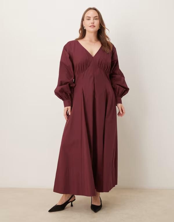 エイソス レディース トップス ワンピース Vネック マキシ ASOS Curve ASOS DESIGN Curve long sleeve v neck poplin maxi dress in berry Burgundy バーガンディ