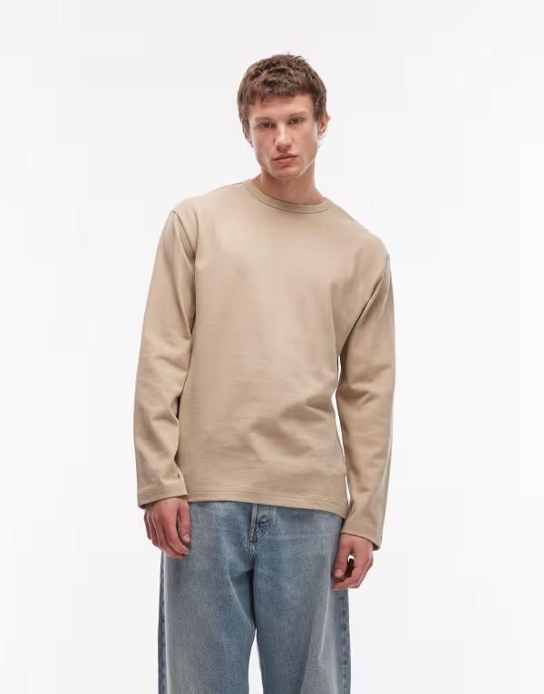 エイソス メンズ トップス Tシャツ ASOS DESIGN heavyweight relaxed long sleeve Tshirt softouch Crockery ベージュ