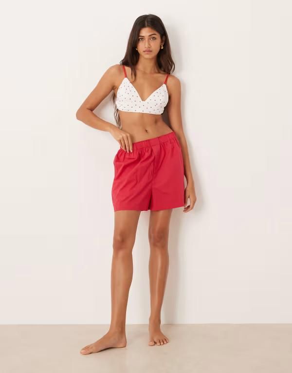 エイソス レディース ボトムス カジュアルパンツ ショートパンツ コットン ASOS DESIGN cotton poplin boxer shorts Cherry Red レッド