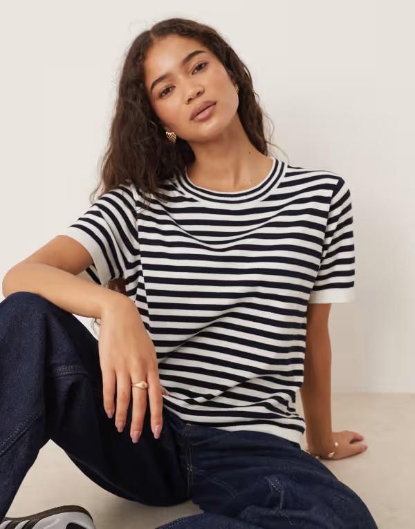 マンゴ レディース トップス Tシャツ ニット Mango short sleeve knitshirt in stripes Multi マルチカラー