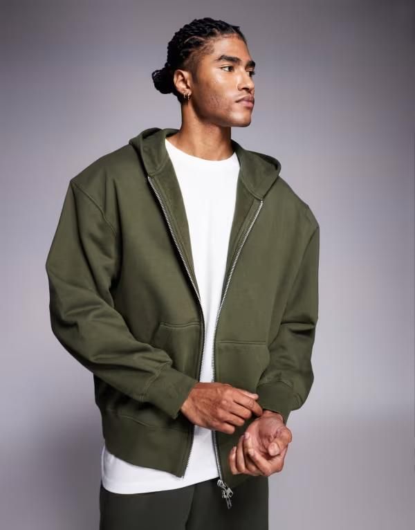 エイソス メンズ アウター パーカー・スウェット ASOS DESIGN premium heavyweight oversized zip up hoodie 400 gsm Olive night オリーブ