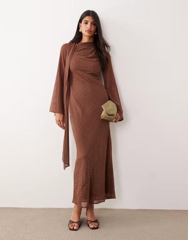 エイソス レディース トップス ワンピース マキシ ASOS DESIGN maxi dress with scarf detail stripe Brown ブラウン