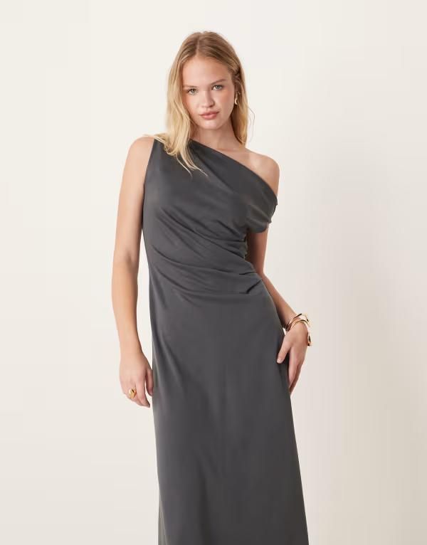 マンゴ レディース トップス ワンピース A ライン アシンメトリー ミディワンピース ミディ Mango asymmetric a line midi dress in charcoal CHARCOAL チャコール