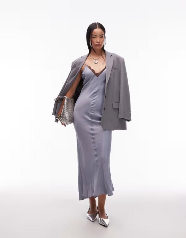 エイソス レディース トップス ワンピース Vネック レーストリム マキシワンピース サテン レース マキシ ASOS DESIGN v neck lace trim satin maxi dress in light LIGHT BLUE ブルー