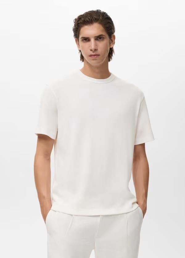 マンゴ メンズ トップス Tシャツ コットン ニット Mango cotton mix fine knit Tshirt WHITE ホワイト