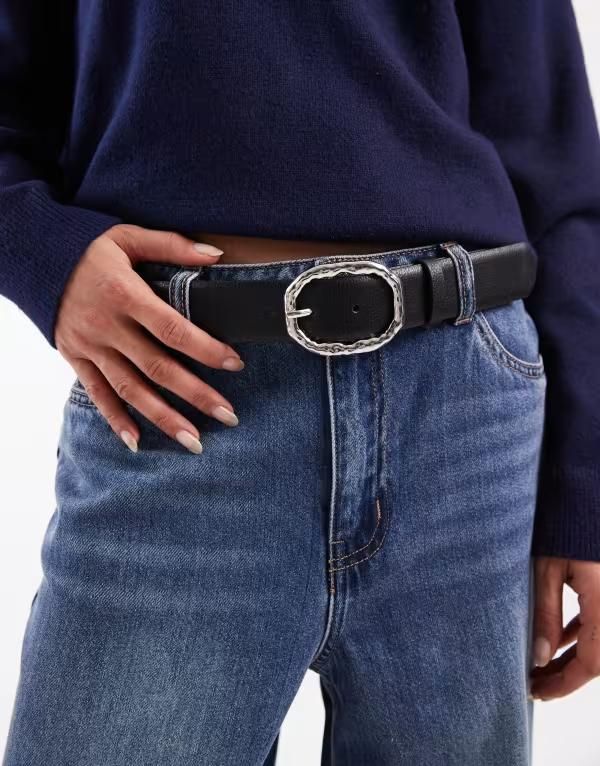 ヴェロモーダ レディース アクセサリー ベルト レザー フェイクレザー Vero Moda faux leather belt with goldtone hammered metal buckle Black gold ブラック