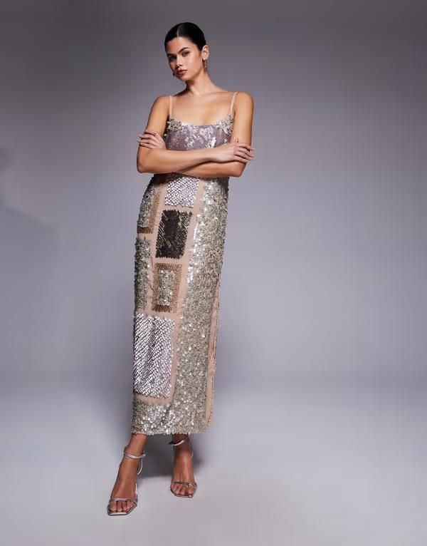 エイソス レディース トップス ワンピース セミシアー ASOS DESIGN mixed embellishmentsemi sheer camidaxi dress BEIGE ベージュ