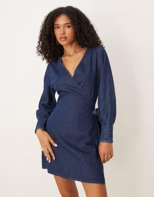 エイソス レディース トップス ワンピース ミニワンピース ミニ デニム ASOS DESIGN denim long sleeve wrap mini dress with pleat cuff detail in rinse Rinse デニム
