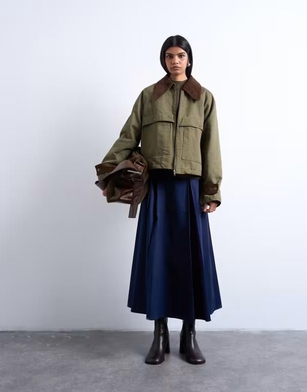 トップショップ レディース アウター ジャケット・ブルゾン コントラスト デニム Topshop denim padded barn jacket with contrast cord collar Khaki カーキ