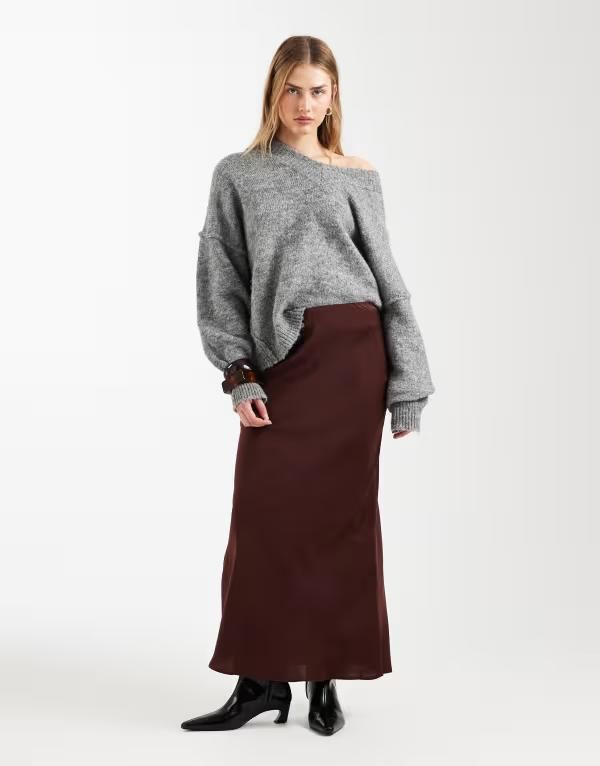 エイソス レディース ボトムスカート サテン マキシ ASOS DESIGN satin bias maxi skirt in chocolate チョコレート