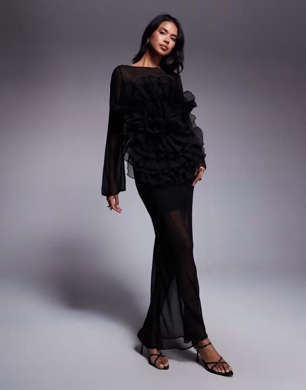 エイソス レディース トップス ワンピース フラワー柄 フリル シアー マキシ フラワー ASOS DESIGN long sleeve sheer maxi dress with oversized floral ruffle bodice Black ブラ