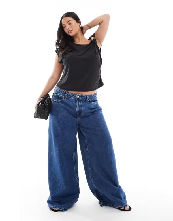 エイソス レディース ボトムス デニムパンツ ワイドレッグ ハイウエスト ジーンズ ASOS Curve ASOS DESIGN Curve high waist wide leg jeans in midwash MID BLUE ブルー
