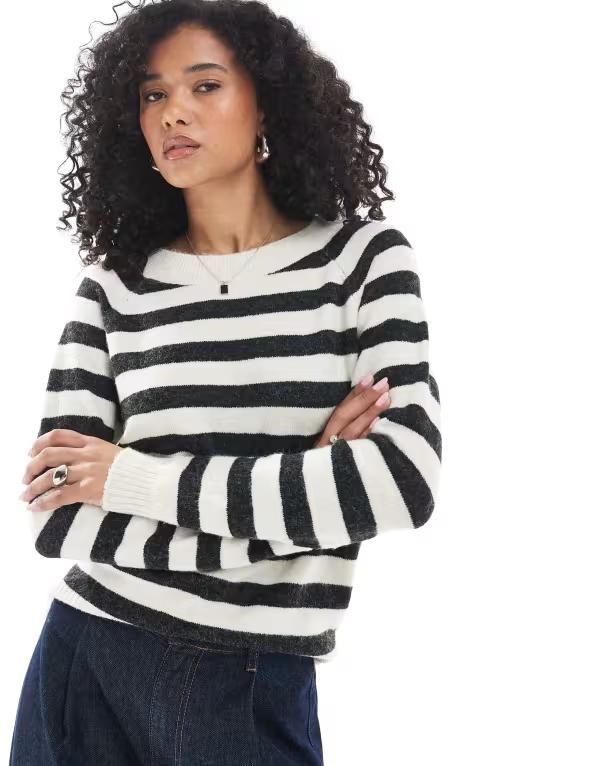 ヴェロモーダ レディース アウター ニット・セーター セーター ニット Vero Moda round neck knit sweater in cream and heathered black stripes Birch Stripe ストライプ