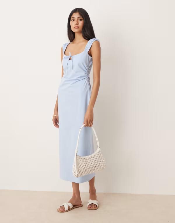 エイソス レディース トップス ワンピース ミディワンピース ギャザー ミディ キャップ ASOS DESIGN ruched cap sleeve tie front midi dress in baby Baby blue ブルー
