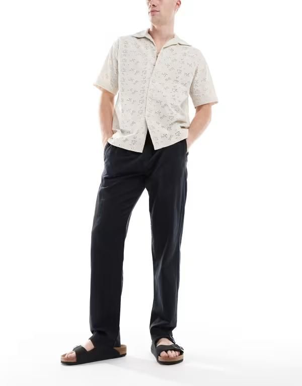 ジャック アンド ジョーンズ メンズ ボトムス カジュアルパンツ リネン Jack Jones drawstring linen mix pants Black ブラック